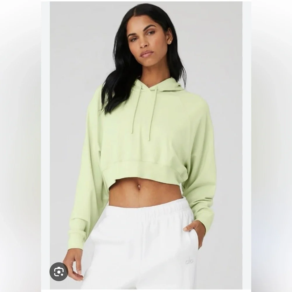 Alo Yoga Cropped Double Take Hoodie Sz Medium Iced Green Tea Pastel Sweatshirt